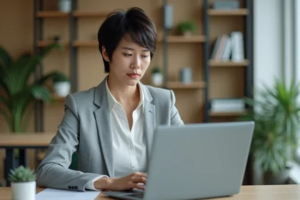 Femme assise devant un ordinateur portable affichant un message d'erreur lors de la connexion à une plateforme en ligne