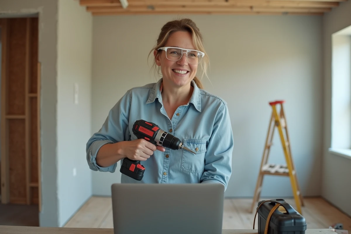 Femme suivant une formation bricolage en ligne avec perceuse sans fil dans un espace de rénovation domiciliaire