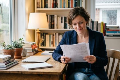 Femme en home office lisant ses notes avec concentration