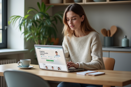 Femme curieuse utilisant un ordinateur pour naviguer sur Lingoo