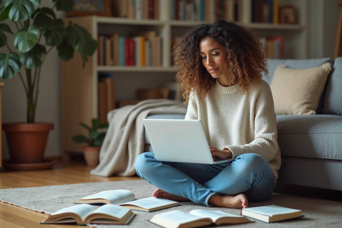 Femme concentrée assise sur le sol avec livres et ordinateur