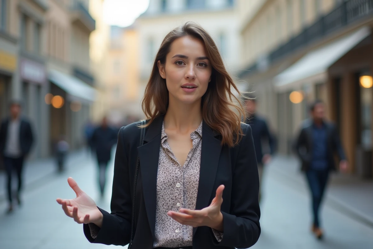Jeune femme parlant dans un espace urbain en extérieur