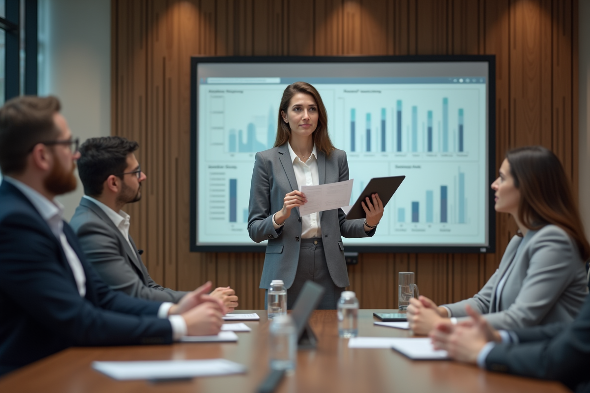 Femme confiante présentant des analyses de revenus en réunion