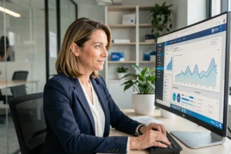 Femme professionnelle en blazer marine analysant un tableau de bord marketing sur ordinateur dans un bureau moderne