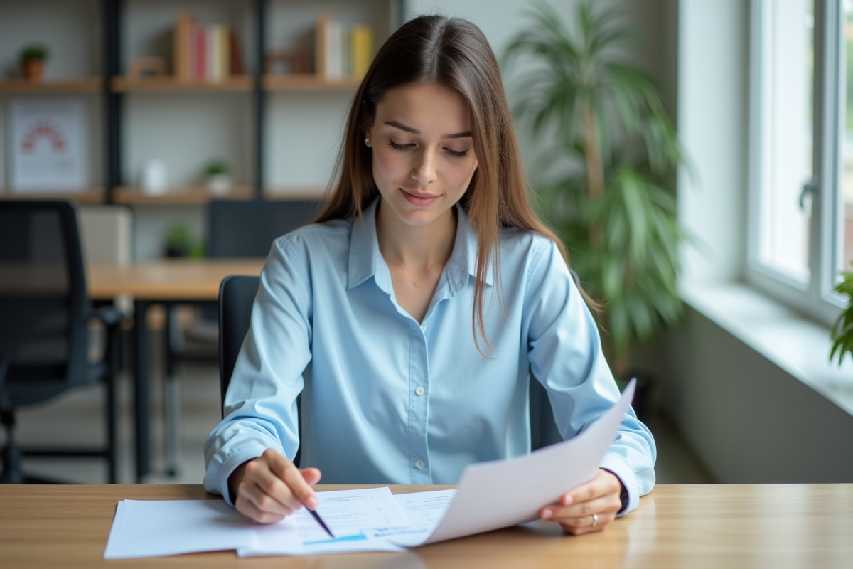 Jeune femme professionnelle concentrée au bureau avec documents