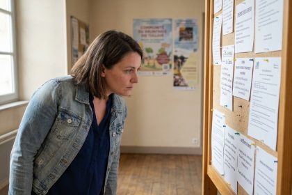 Femme en blouse cherchant emploi sur tableau d'affichage à Tulle