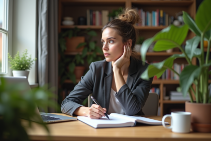 Femme pensante dans un bureau lumineux et cosy