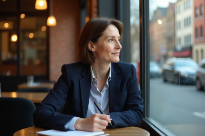 Femme réfléchissant dans un café urbain moderne