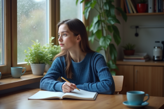 Jeune femme pensant à la cuisine avec un cahier