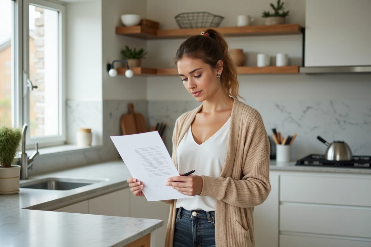 Femme relisant et annotant sa lettre de motivation imprimée dans une cuisine moderne