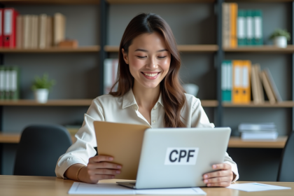 Femme souriante tenant un dossier CPF dans un bureau moderne