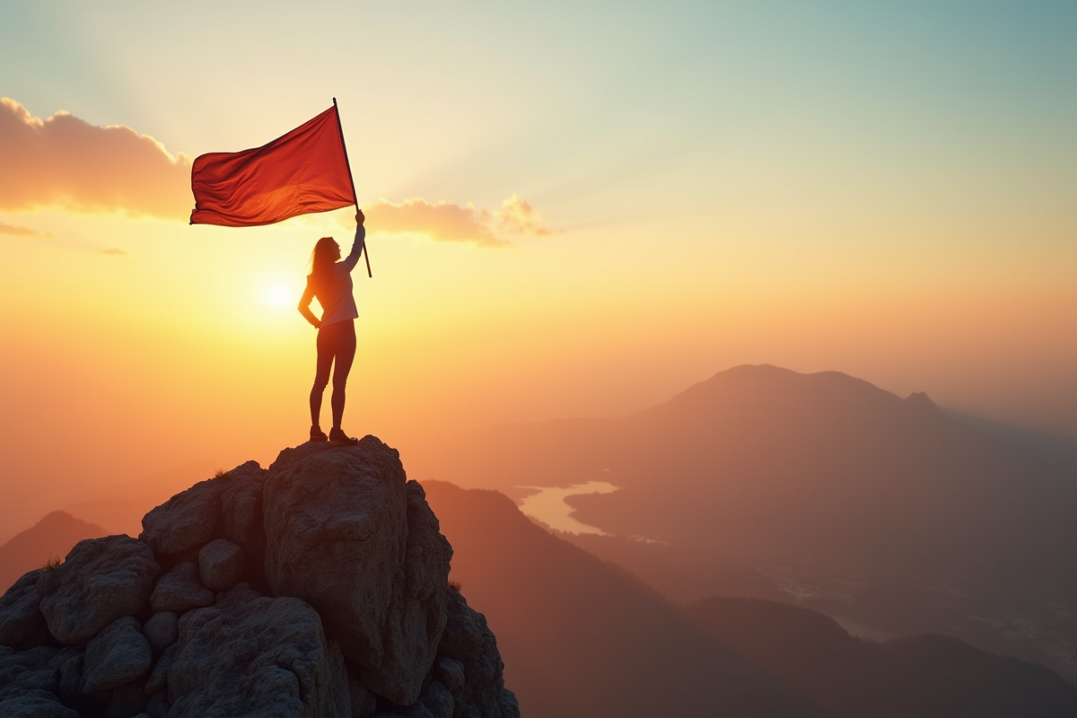 Femme confiante au sommet d une montagne avec drapeau symbolisant la réussite