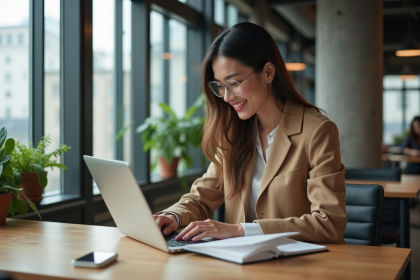 Jeune femme en coworking moderne travaillant sur son ordinateur