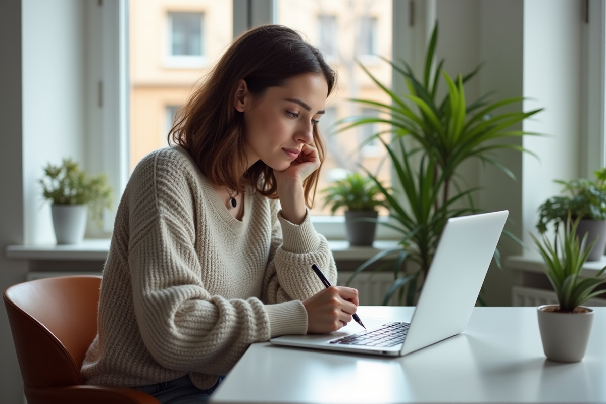 Femme concentrée travaillant sur son ordinateur dans une cuisine moderne