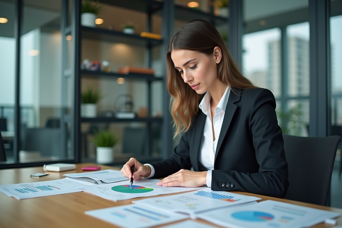 Femme en bureau moderne triant des graphiques colorés