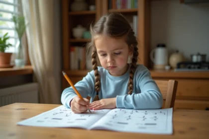 Jeune fille de CE2 remplissant une fiche de lecture en autonomie à la table de la cuisine