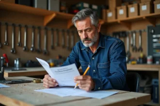 Homme en formation bricolage étudiant un livret de certification sur un établi en bois dans un atelier organisé