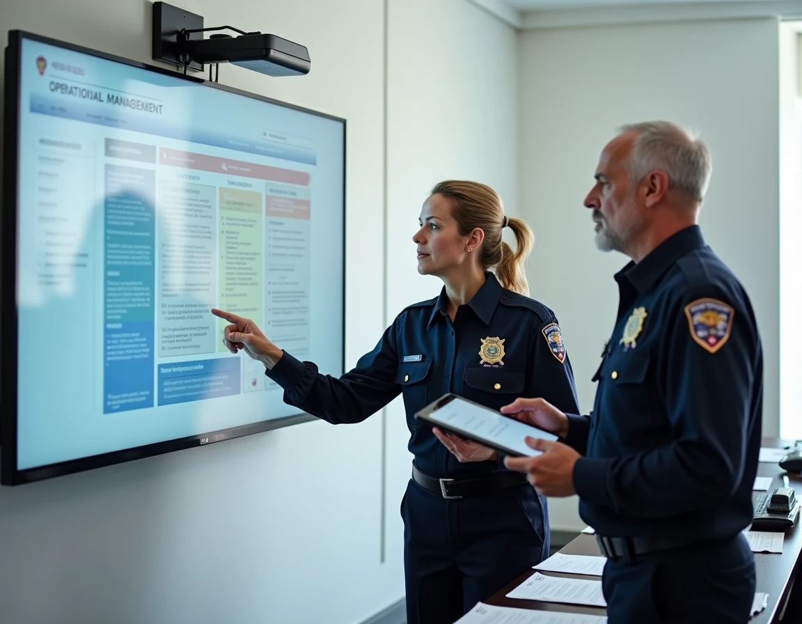 Deux pompiers analysant un organigramme de gestion opérationnelle GTO sur un écran interactif lors d'une session de formation
