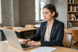 Jeune femme en formation professionnelle dans une salle d'apprentissage moderne, illustrant un raccourci vers l'emploi via l'Académie Tic et Tac