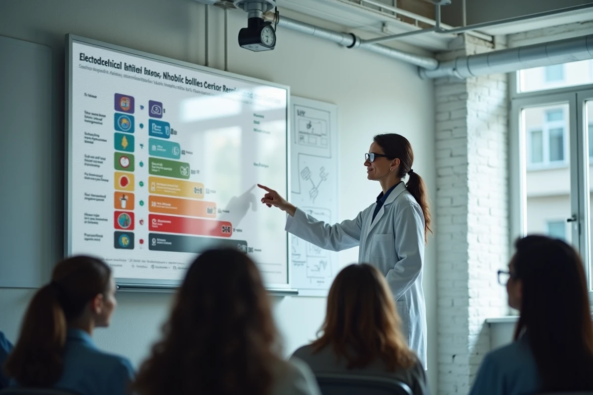 Formatrice présentant le schéma d'habilitation Habilec7 à des stagiaires en sécurité électrique