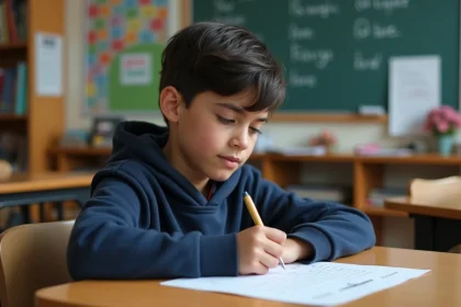Garçon de 13 ans concentré sur sa fiche de conjugaison