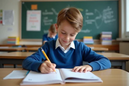 Garçon français de 12 ans écrit dans un cahier de grammaire