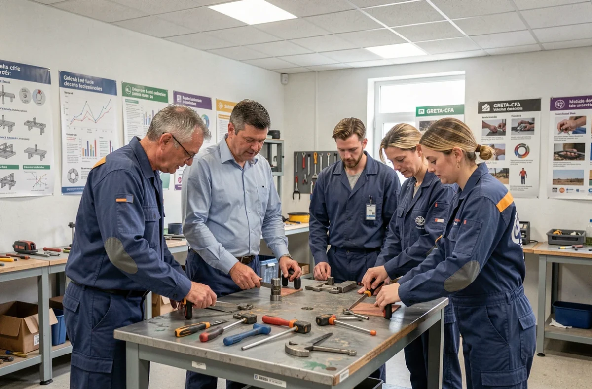 Formateur du GRETA-CFA Aquitaine encadrant des stagiaires adultes en atelier pratique dans les Landes
