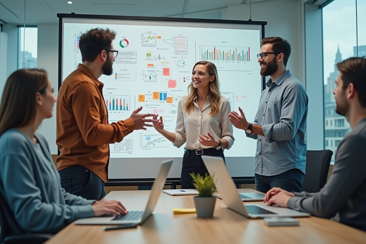Groupe d entrepreneurs discutant autour d un tableau blanc