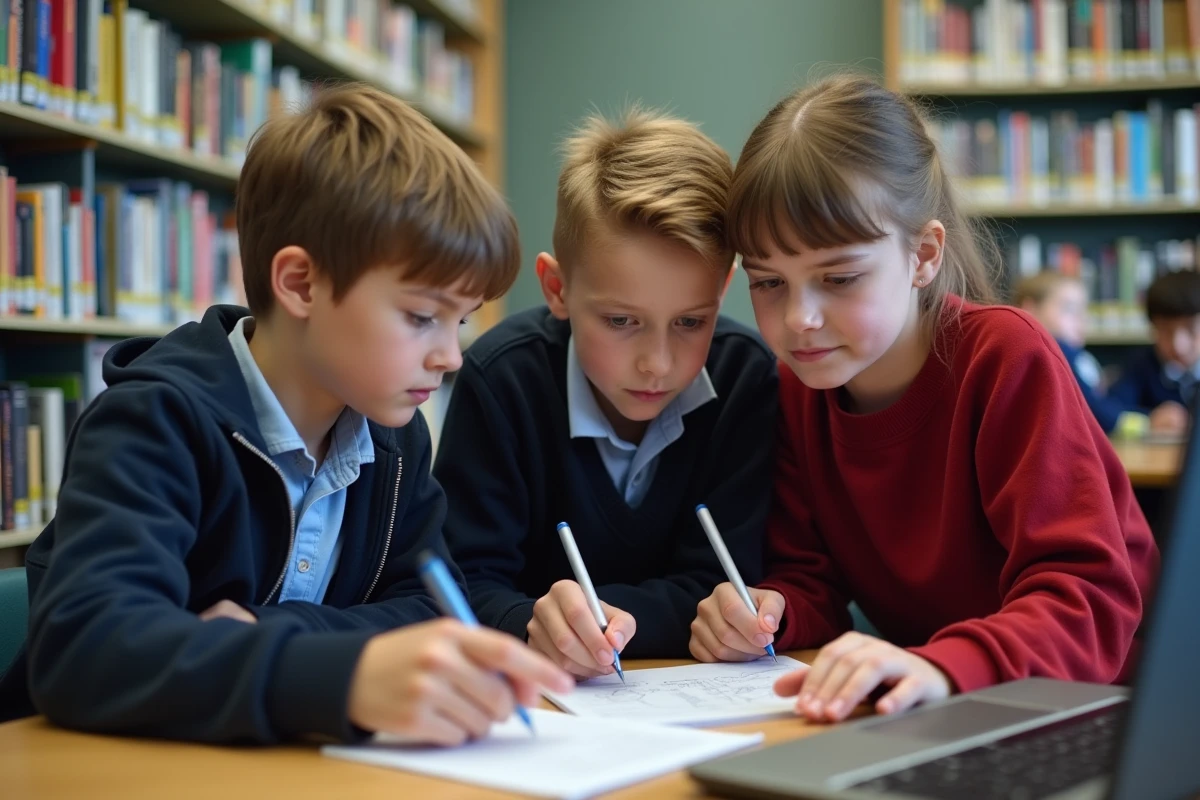 Groupe d'adolescents révisant ensemble l'ASSR sur un ordinateur en bibliothèque scolaire