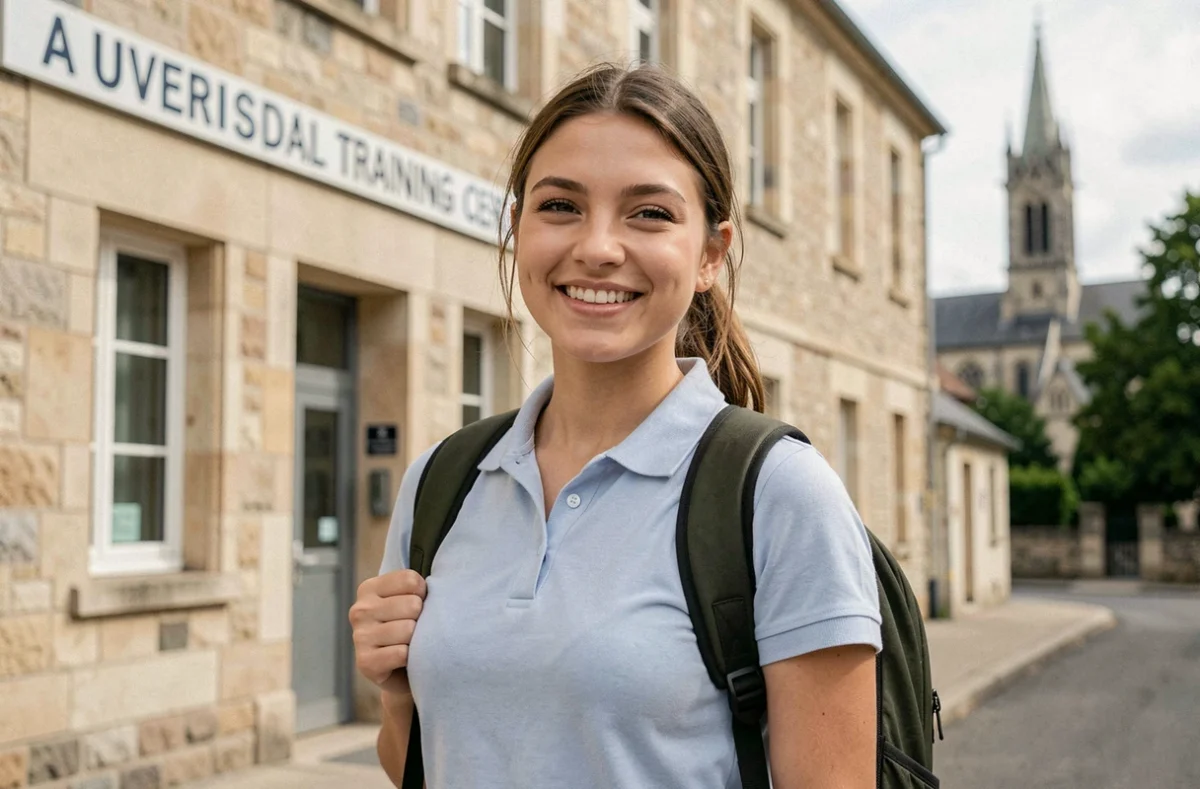Jeune apprentie souriante devant le centre de formation Groupe Alternance Auxerre avec la cathédrale en arrière-plan