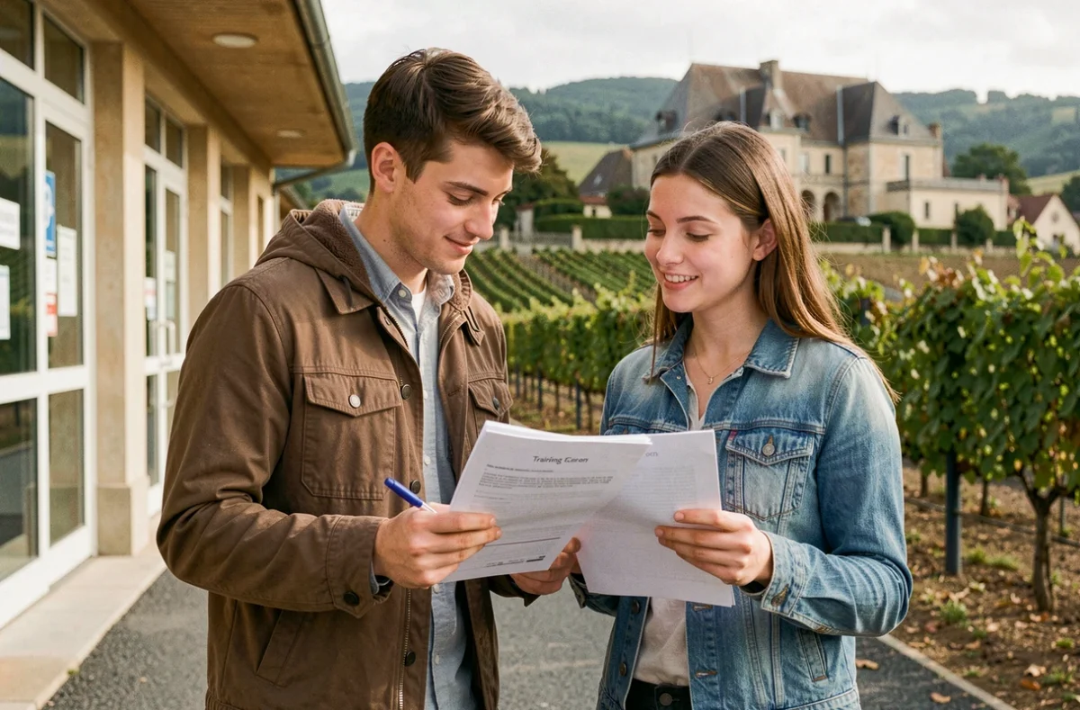 Deux apprentis du Groupe Alternance Mâcon consultant des documents devant leur centre de formation