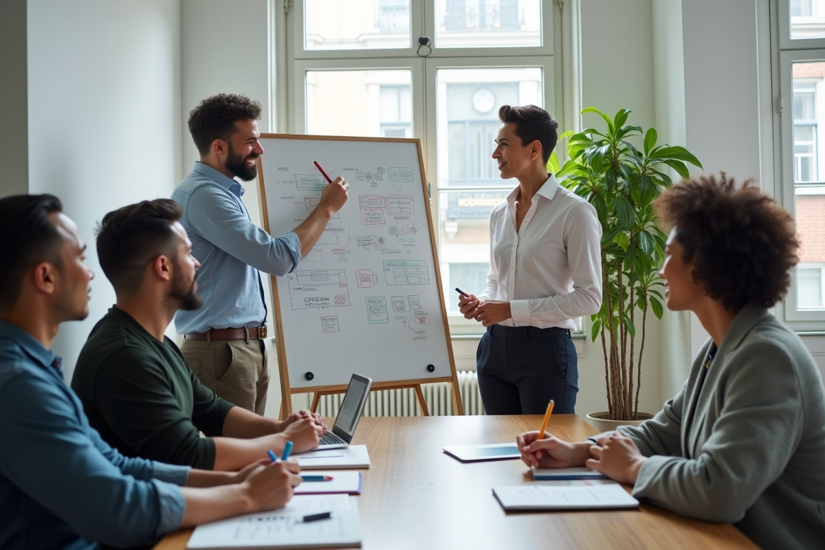 Groupe de jeunes professionnels en brainstorming dans un bureau