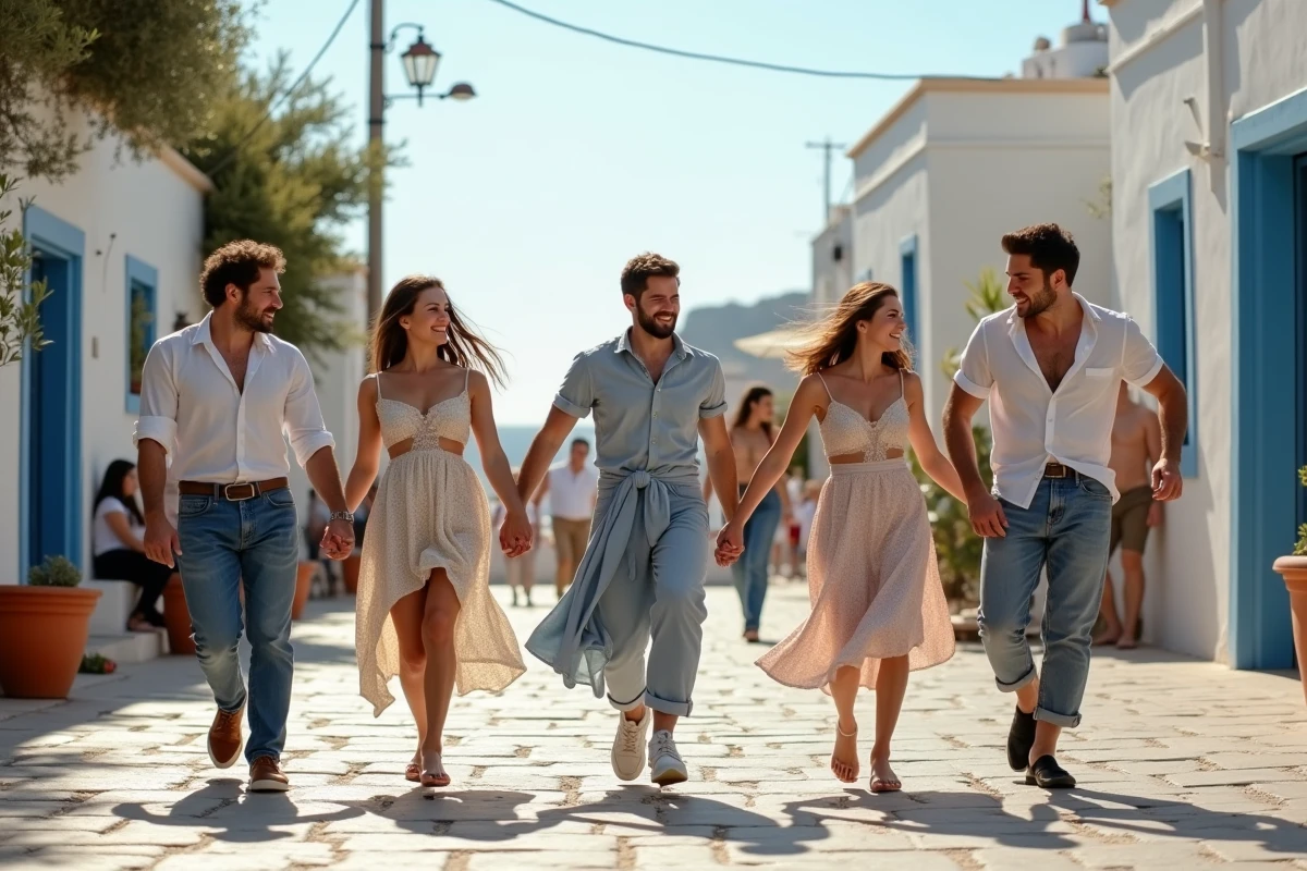 Groupe divers de danseurs sirtaki en plein air sur place grecque