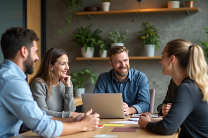Groupe de cinq adultes en réunion dans un bureau moderne