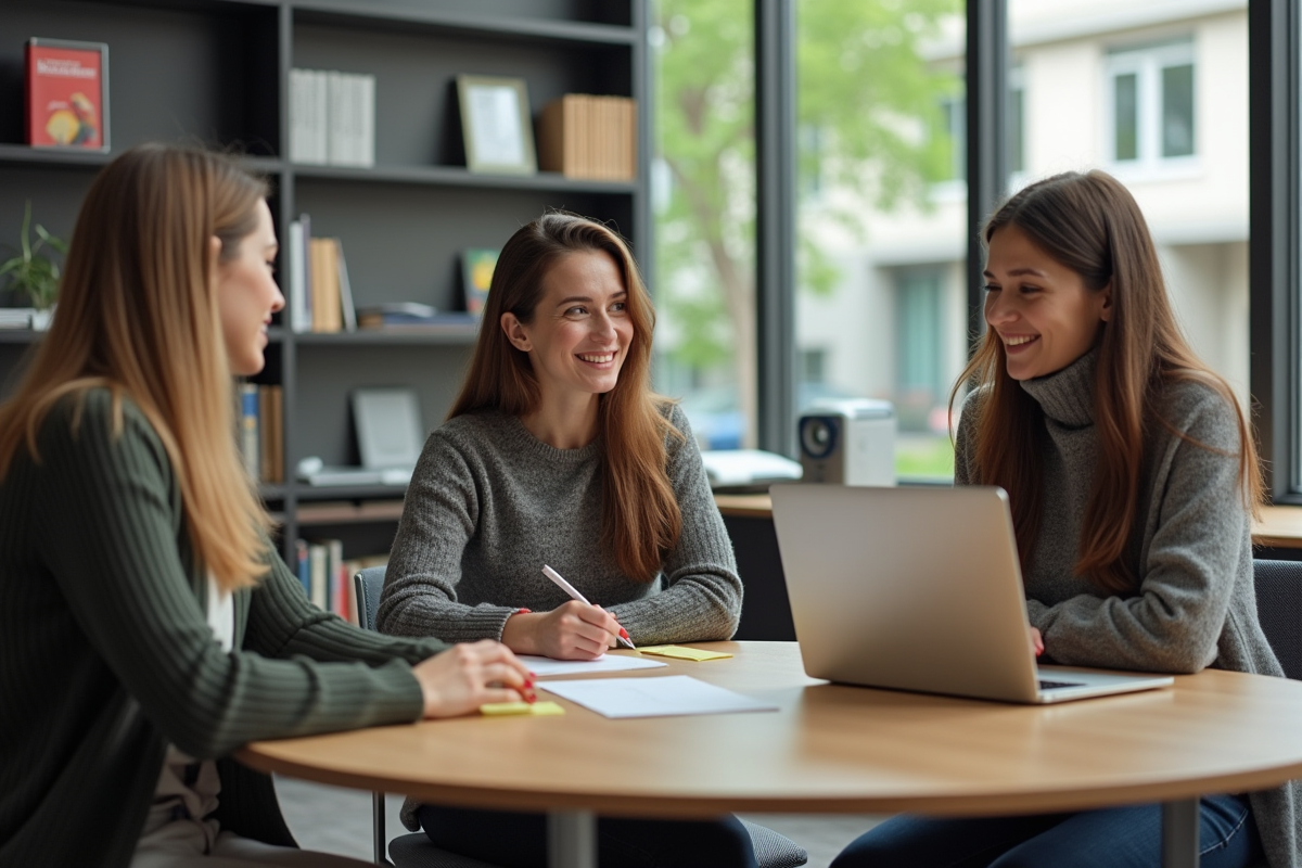 Groupe de trois adultes en discussion dans une salle moderne