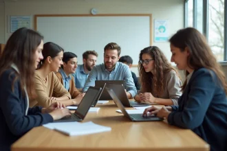 Groupe d'étudiants collaborant dans une salle moderne