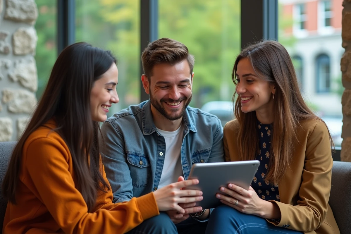 Groupe d etudiants divers discutant autour d une tablette dans une salle lumineuse