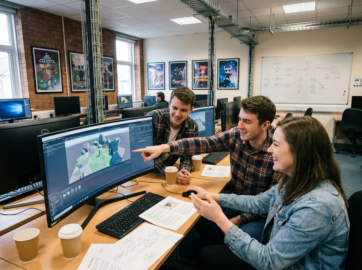Groupe d'étudiants en game design collaborant sur le développement d'un niveau de jeu vidéo 3D en laboratoire informatique