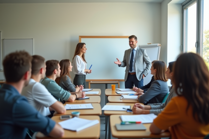 Groupe d'adultes en formation dans une salle lumineuse