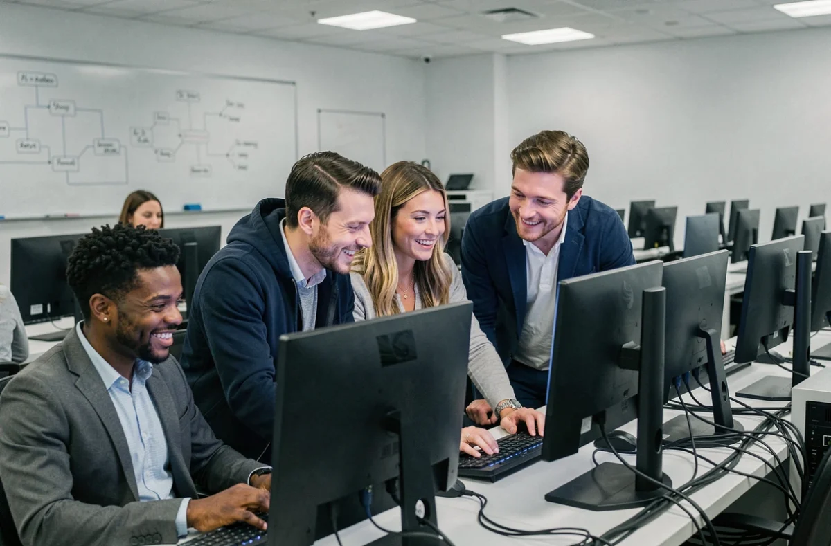 Groupe d'adultes en formation numérique collaborative dans un laboratoire informatique, représentant l'accompagnement vers l'emploi de l'Académie Tic et Tac