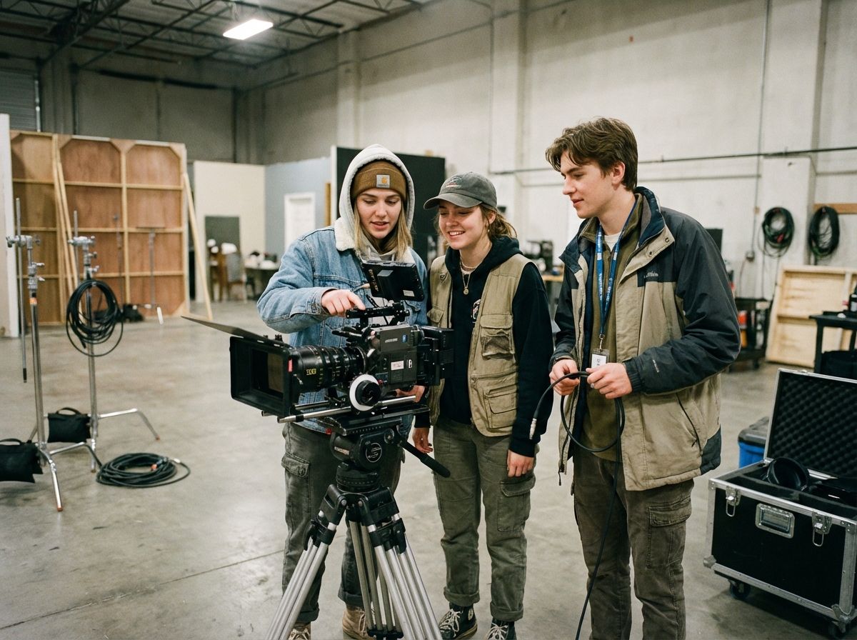 Groupe de jeunes autour d une caméra en studio de cinéma