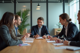 Groupe de professionnels en réunion dans un bureau moderne