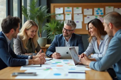 Groupe de quatre adultes en réunion de travail