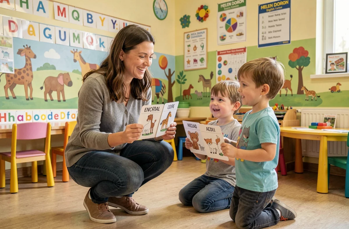 Professeure animant un cours d'anglais pour enfants avec des flashcards chez Helen Doron English Nantes Procé