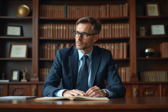 Homme d'affaires en costume dans un bureau prestigieux
