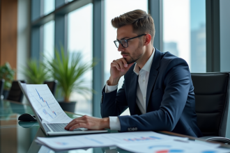 Homme d'affaires en costume analysant des graphiques financiers