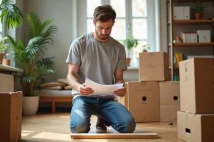 Jeune homme lisant un manuel de bricolage en assemblant une étagère