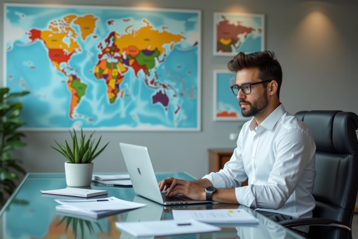 Homme en costume travaillant sur un ordinateur dans un bureau moderne