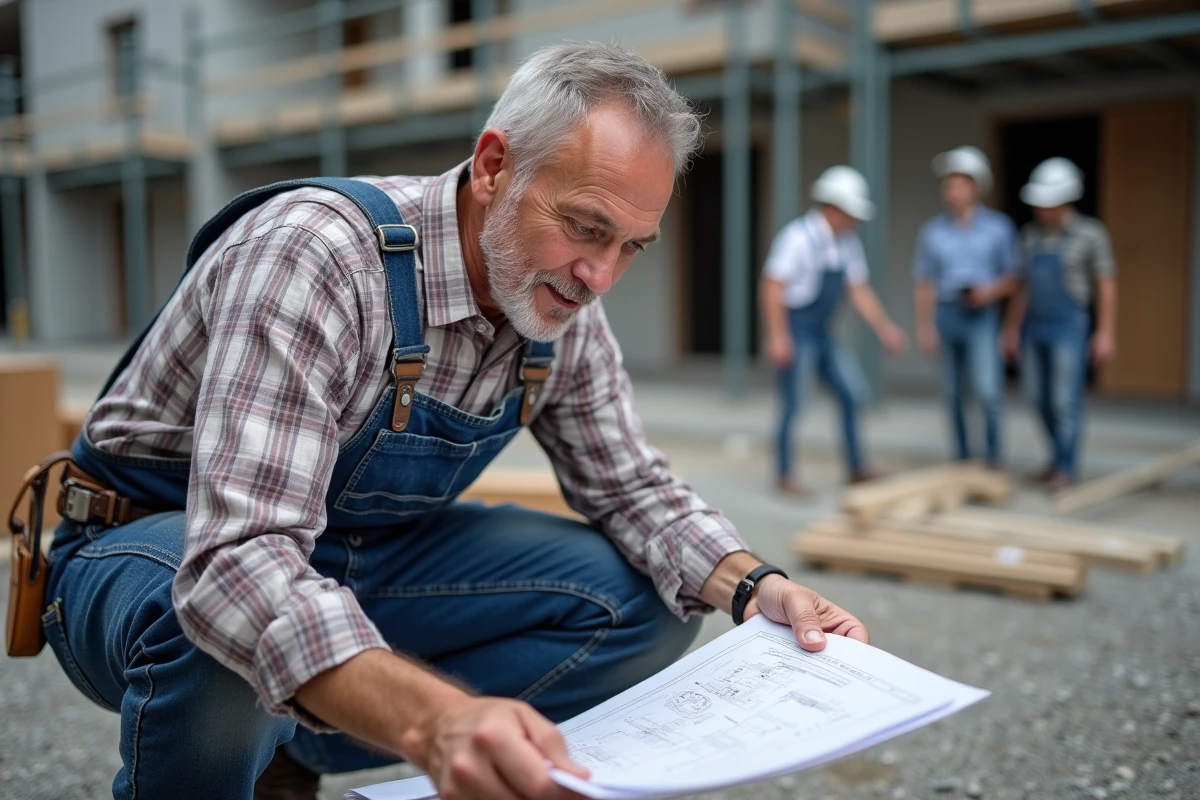 Homme expérimenté examine des plans sur un chantier avec apprentis