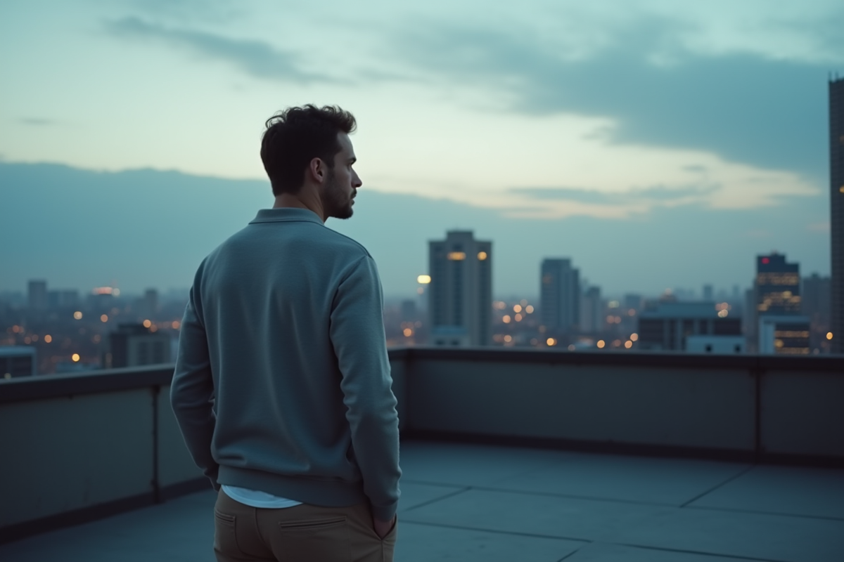 Homme regardant la ville depuis un toit urbain au crépuscule